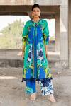 Buy_Pooja-Keyur_Blue Cotton Satin Print Paradise Round Collar Floral Kurta With Pant  _at_Aza_Fashions