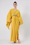 Buy_Aakaar_Yellow Moss Crepe Plain Metal V Neck Draped Embellished Gown _at_Aza_Fashions