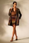 Buy_Nikita Mhaisalkar_Multi Color Georgette Sequins, Embroidery Open Neck Abstract Print Trench Coat _at_Aza_Fashions