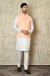 Buy_Aryavir Malhotra_Peach Silk Blend Embroidered Chikankari Geometric Work Bundi And Plain Kurta Set _at_Aza_Fashions