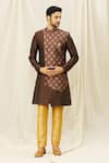 Buy_Aryavir Malhotra_Brown Art Silk Printed Floral Sherwani Set With Panel _at_Aza_Fashions