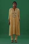 Buy_5Elements_Beige Pleated Polyester Mix Embellishment Brooch Woven Leaf Pattern Tunic _at_Aza_Fashions