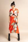 Buy_Nupur Kanoi_Orange Crepe Digital Print Floral Pattern V Floret Gathered Dress  _at_Aza_Fashions