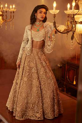 Buy_Ridhima Bhasin_Beige Organza Pearls, Sequins, Beads Iltija Embroidered Jacket Lehenga Set _at_Aza_Fashions