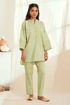 Buy_The Right Cut_Green Linen Round Neck Ezili Diamond Smocked Top And Narrow Pant Set_at_Aza_Fashions