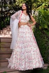 Buy_Suruchi Parakh_White Georgette Crepe Printed Floral V Neck Tiered Lehenga Set _at_Aza_Fashions