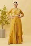 Buy_Samyukta Singhania_Yellow Kurta Opara Silk Embroidered Cutdana Jacket Open Embellished Skirt Set _at_Aza_Fashions