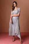 Buy_Soha by Harleen and Sona_Grey Cape Silk Embroidered Crystal Cape Swirl Pattern Skirt Set  _at_Aza_Fashions