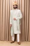 Buy_Ankit V Kapoor_Green Cotton Embroidery Thread Fahad Leaf Sherwani Set _at_Aza_Fashions