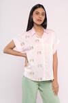 Buy_Mayu Kothari_Pink Satin, Linen Embroidery Shawl Neck Love Birds Pattern Apple Cut Shirt_at_Aza_Fashions