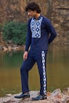Buy_Dash And Dot_Blue 2% Lycra, 35% Viscose, 63% Polyester Geometric Pattern Jacquard Pant Set _at_Aza_Fashions