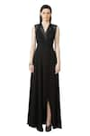 Buy_Rohit Gandhi + Rahul Khanna_Black Heavy Crepe Embellished Lapel Overlap Wrap Dress _at_Aza_Fashions