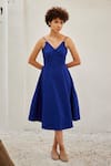 Buy_Kharakapas_Blue Cotton Poplin Solid V Neck Iris Dress  _at_Aza_Fashions