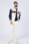 Buy_S&N by Shantnu Nikhil_Off White Cotton Colorblock Varsity Jacket _at_Aza_Fashions