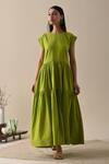 Buy_Kanelle_Green Cotton Round Neck Vivian Solid Two-tiered Maxi Dress_at_Aza_Fashions