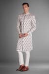 Buy_More Mischief_Grey Silk Linen Embroidery Floral Sherwani  _at_Aza_Fashions