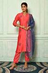 Buy_Aryavir Malhotra_Coral Kurta Silk Chanderi Embroidery Mandarin Collar Straight Set_at_Aza_Fashions