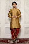 Buy_Arihant Rai Sinha_Red Dupion Silk Floral Metallic Pattern Hem Cowl Pant _at_Aza_Fashions