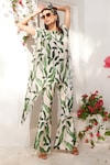 Buy_Reynu Taandon_Green Crepe Digital Prints Leaf Pattern Round Kaftan And Bell Bottom Pant Set_at_Aza_Fashions