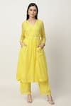 Buy_Musal_Yellow Cotton Linen Embroidery Heart Motifs V Kalie Angarkha Kurta Pant Set _at_Aza_Fashions