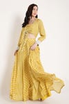 Buy_Bha sha_Yellow Muslin Printed Bandhani Open Natasha Skirt Bustier Set _at_Aza_Fashions