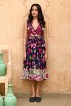 Buy_Taro_Multi Color Chanderi Silk V-neck Floral Dream Print Dress _at_Aza_Fashions