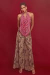 Buy_Nandita Thirani_Pink Georgette Embroidery Beads Cowl Neck Top And Flared Trouser Set  _at_Aza_Fashions