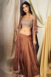 Buy_Pleats by Kaksha and Dimple_Brown Silk Thread Handwork Lehenga With Bustier And Cape Jacket _at_Aza_Fashions