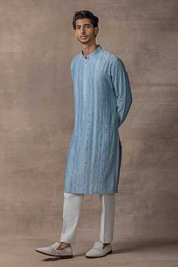 Buy_Sarab Khanijou_Blue Chanderi Silk Embroidery Mirror Kurta Set _at_Aza_Fashions