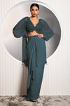 Buy_Jade By Ashima_Blue Organza, Crepe Embroidery, Tassels, Floral Blouse And Draped Skirt Set _at_Aza_Fashions