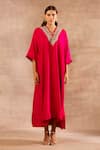 Buy_JAYANTI REDDY_Red Silk Embroidered Zardozi V Neck Yoke Kaftan  _at_Aza_Fashions