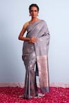Buy_Mint N Oranges_Grey Banarasi Silk Handwoven Floral Saree_at_Aza_Fashions