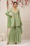 Buy_Bairaas_Green Chinon Embroidered Gota Work V Bandhej Pattern Short Anarkali Sharara Set_at_Aza_Fashions