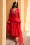 Buy_Zoon_Red Kurta Silk Embroidery Aari V Neck Hand Anarkali Set _at_Aza_Fashions