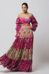 Buy_DiyaRajvvir_Fuchsia Georgette, Modal Cut Work, Off Shoulder Blouse And Tiered Skirt Set _at_Aza_Fashions