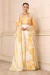 Buy_Tarun Tahiliani_Off White Jacket  Satin Organza Print Sunflower Sweetheart Neck And Palazzo Set _at_Aza_Fashions