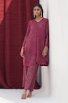 Buy_Pleats by Aruni_Red Polyester V Neck Metallic Pleated Long Top And Pant Set _at_Aza_Fashions