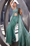 Buy_Awigna_Green Georgette, Organza Beads, Mirzya Pre-draped Saree With Embroidered Blouse_at_Aza_Fashions