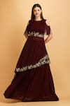 Buy_LABEL IVISH_Wine Viscose Georgette Embroidered Zari Asymmetrical Top With Skirt  _at_Aza_Fashions