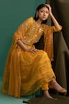 Buy_5elements_Yellow Chanderi Silk Tissue Embellishment Mirror And Stripe Pattern Anarkali Set _at_Aza_Fashions