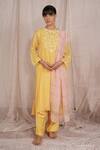 Buy_Pants And Pajamas_Yellow Chanderi, Water Color Chikankari Kurta Pant And Dupatta - Set Of 3 _at_Aza_Fashions