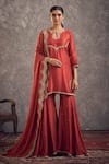 Buy_Hirika & Dhruti_Red Silk, Cotton Embroidery Keyhole Neck Floral Hand Kurta Gharara Set _at_Aza_Fashions