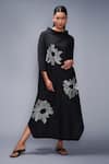 Buy_Taika by Poonam Bhagat_Black Cotton Silk Embroidered Silver Petals Collared Neck Dress  _at_Aza_Fashions