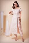 Buy_Saaj by Ankita_Pink Moss Crepe Applique Embroidered Leather Flowers Off Shoulder Top And Pant Set _at_Aza_Fashions