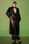 Buy_Sameer Madan_Black Faux Leather, Fleece Glitter Merga Bien Shawl Collar Coat _at_Aza_Fashions