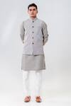 Buy_Amrit Dawani_Grey Cotton Silk Self Embroidery Flamingo Bundi Kurta Set _at_Aza_Fashions