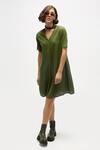 Buy_Terra Luna_Green 100% Organic Handloom Cotton Plain V Neck Overlap Dress_at_Aza_Fashions