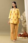 Buy_Abbaran_Yellow Cotton Embroidery V-neck Bloom Print Angrakha And Pant Set _at_Aza_Fashions