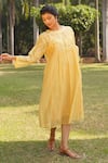 Buy_Dhaari_Yellow Handwoven Cotton Silk Hand Embroidered Painted Yoke Dress _at_Aza_Fashions