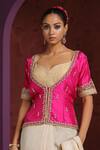 Buy_Weaver Story_Pink Satin, Silk Embroidery Plunge Neck Mughal Border Jacket Top _at_Aza_Fashions